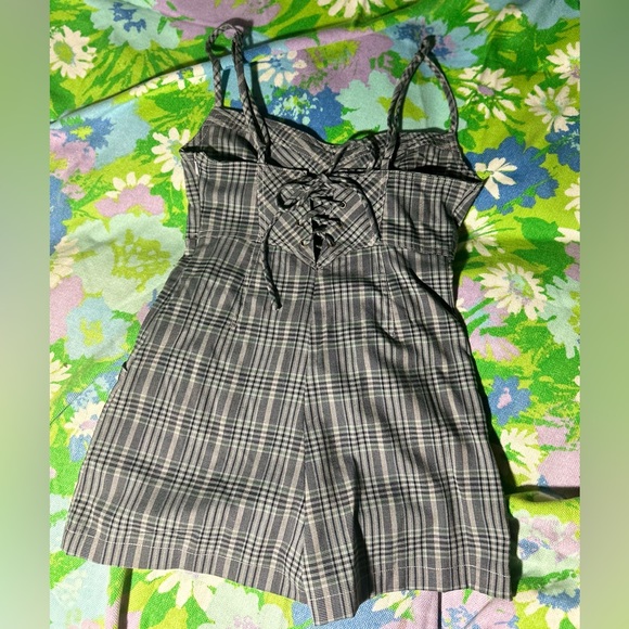 NWT UO plaid lace up corset back romper with adjustable corseted back - Picture 1 of 10